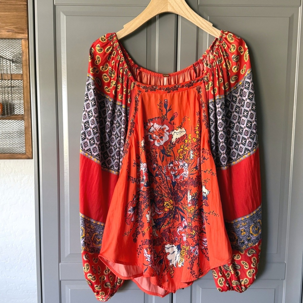 Free People Positano Floral Printed Longline Puff Sleeve Blouse, Orange‎ Blue, S